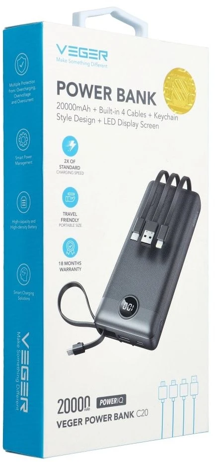 Veger „Weger C20“ (W2047 / W2059) 20000 mAh talpos nešiojamoji baterija su integruotu „Micro-USB“ laidu / C tipo / „Lightning“ juodas