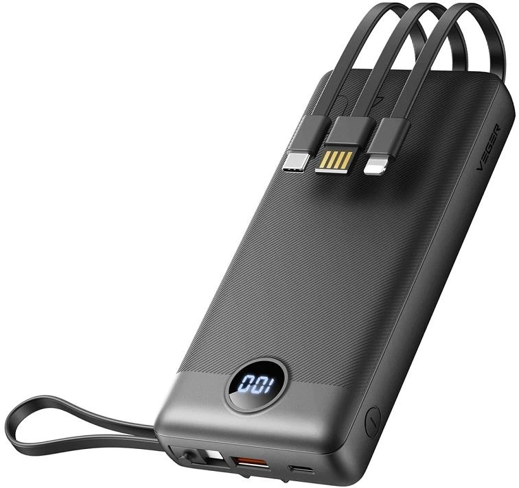 Veger „Weger C20“ (W2047 / W2059) 20000 mAh talpos nešiojamoji baterija su integruotu „Micro-USB“ laidu / C tipo / „Lightning“ juodas