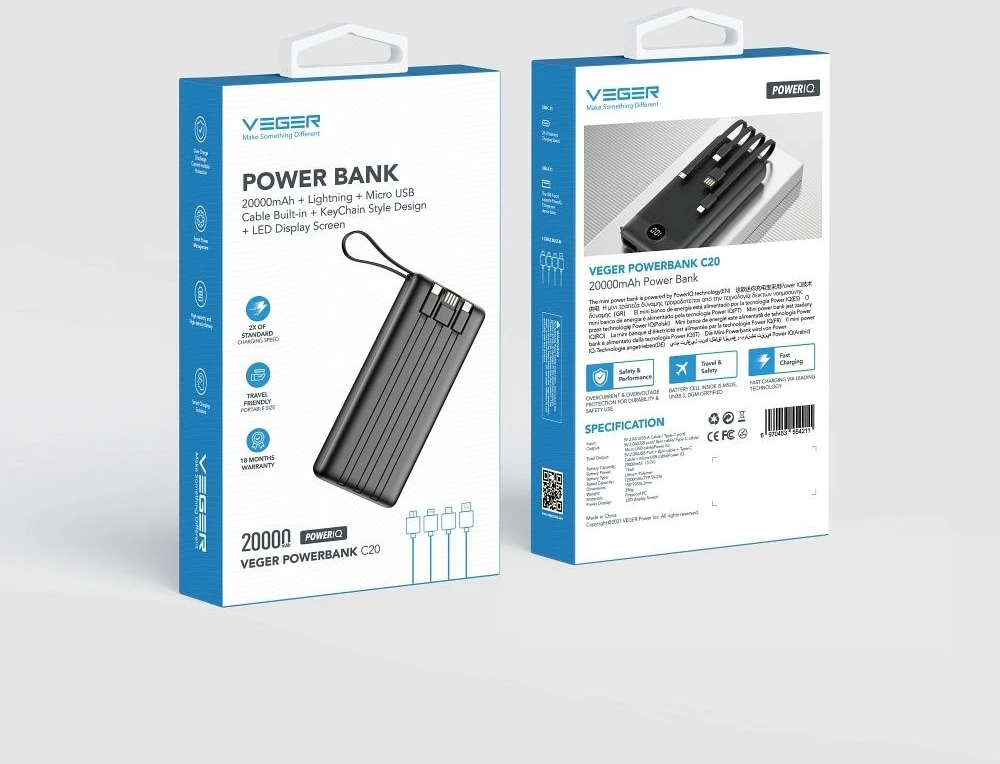 Veger „Weger C20“ (W2047 / W2059) 20000 mAh talpos nešiojamoji baterija su integruotu „Micro-USB“ laidu / C tipo / „Lightning“ juodas
