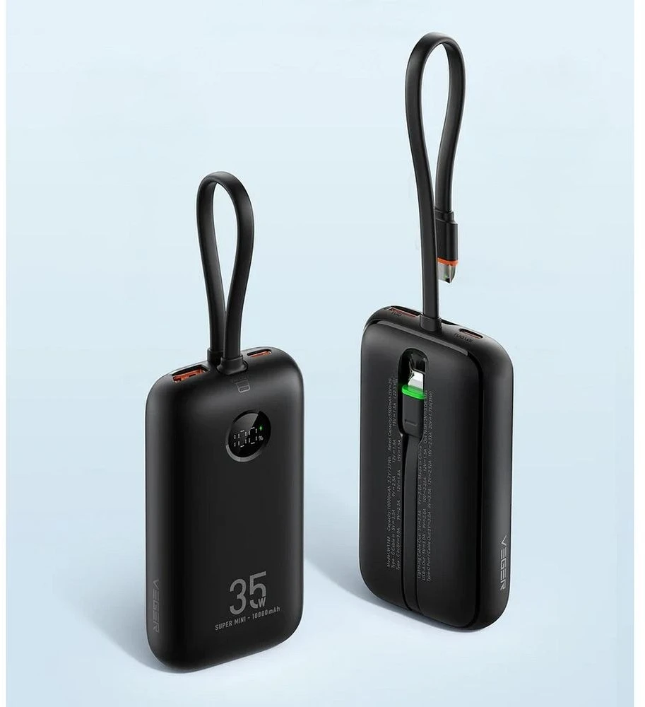 Išorinė baterija Veger K1 (W1188) PD QC3.0 35W 10000 mAh su integruotais C tipo laidais / Lightning juoda