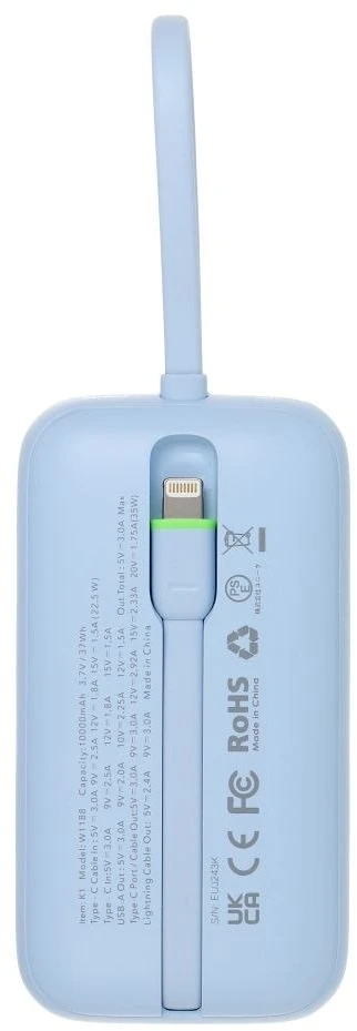 Nešiojamoji baterija Veger K1 (W1188) PD QC3.0 35W 10000 mAh su integruotu USB-C laidu / Lightning mėlynas