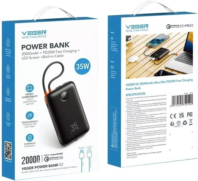 Nešiojamoji baterija Veger K2 (W2068) PD QC3.0 35W 20000 mAh su integruotais C tipo laidais / Lightning juodas