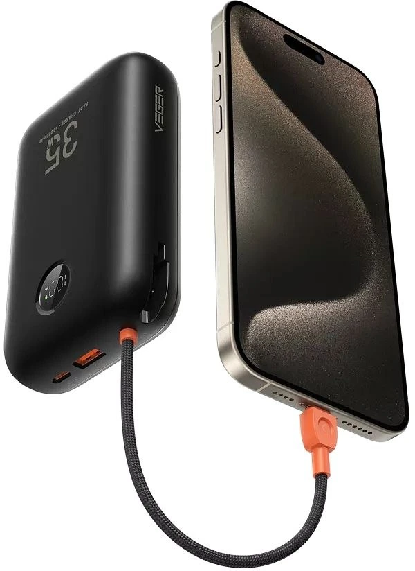 Išorinė baterija Veger K3 (W3018) PD QC3.0 35W 30000 mAh su integruotais C tipo laidais / Lightning juodas