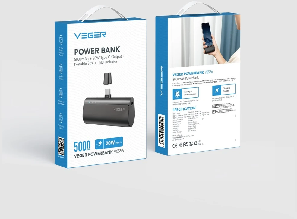 Išorinė baterija POWER BANK VEGER PlugOn (W0556P) type-C 5000mAh (20W) juoda