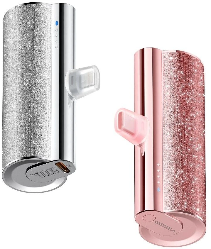 Nešiojamoji baterija „Veger PlugOn“ (W0573) PD QC3.0 2,4A 12W 5000 mAh su integruota USB C jungtimi, rožinė