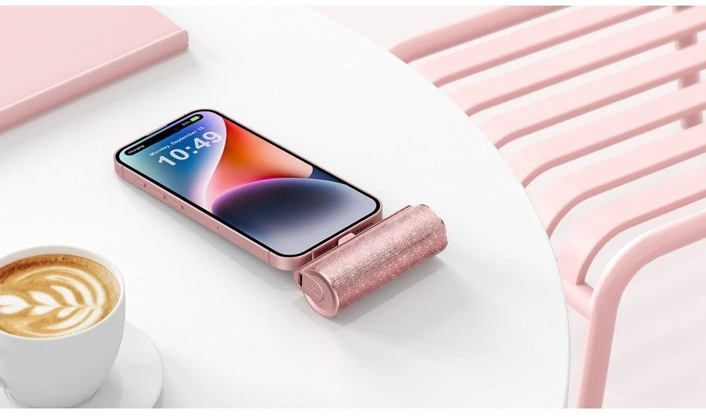 Nešiojamoji baterija „Veger PlugOn“ (W0573) PD QC3.0 2,4A 12W 5000 mAh su integruota USB C jungtimi, rožinė