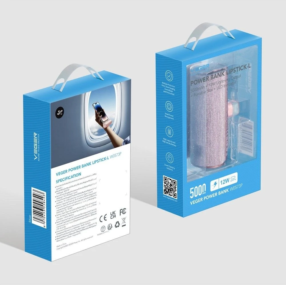 Nešiojamoji baterija „Veger PlugOn“ (W0573) PD QC3.0 2,4A 12W 5000 mAh su integruota USB C jungtimi, rožinė