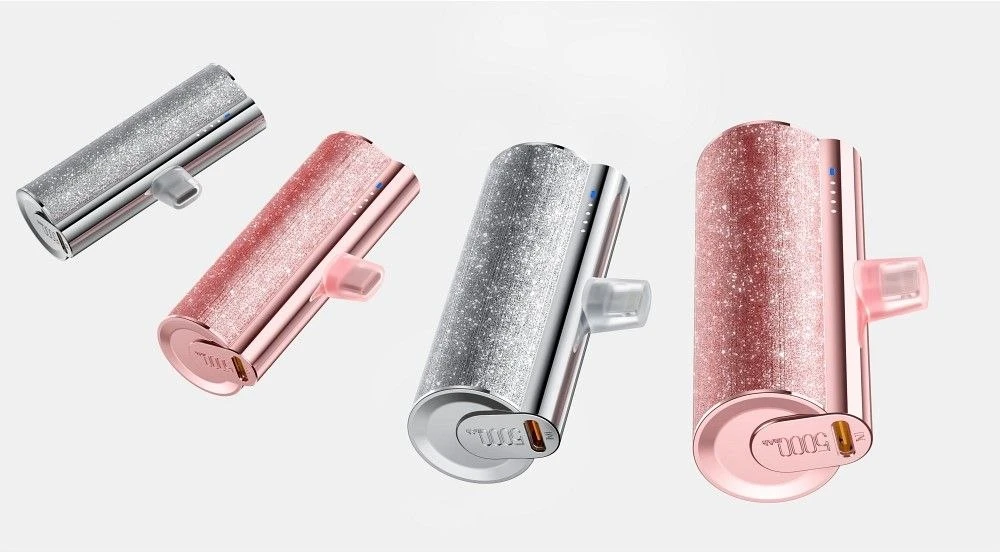 Nešiojamoji baterija „Veger PlugOn“ (W0573) PD QC3.0 2,4A 12W 5000 mAh su integruota USB C jungtimi, rožinė