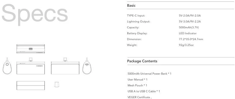 Išorinė baterija POWER BANK VEGER PlugOn (W0556P) lightning 5000mAh (20W) juoda