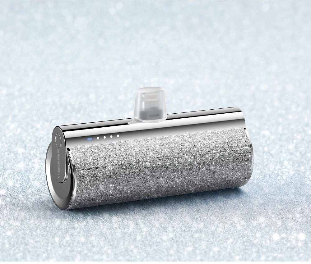 Nešiojamoji baterija Veger PlugOn (W0573) PD QC3.0 2,4A 12W 5000 mAh su integruota USB C jungtimi, sidabrinis
