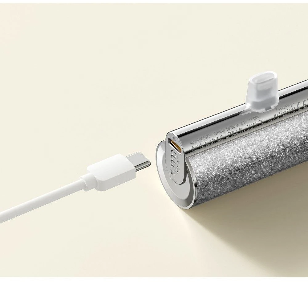 Nešiojamoji baterija Veger PlugOn (W0573) PD QC3.0 2,4A 12W 5000 mAh su integruota USB C jungtimi, sidabrinis