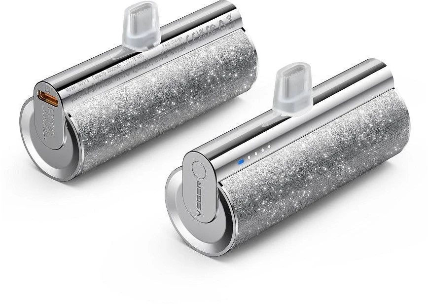 Nešiojamoji baterija Veger PlugOn (W0573) PD QC3.0 2,4A 12W 5000 mAh su integruota USB C jungtimi, sidabrinis