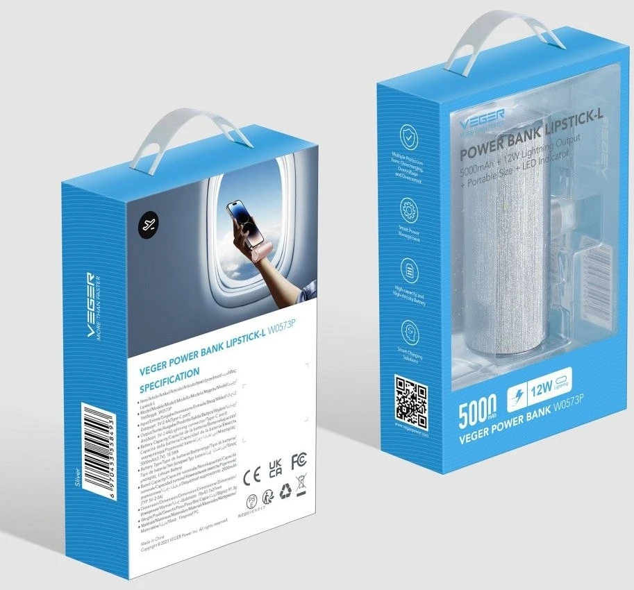 Nešiojamoji baterija Veger PlugOn (W0573) PD QC3.0 2,4A 12W 5000 mAh su integruota USB C jungtimi, sidabrinis