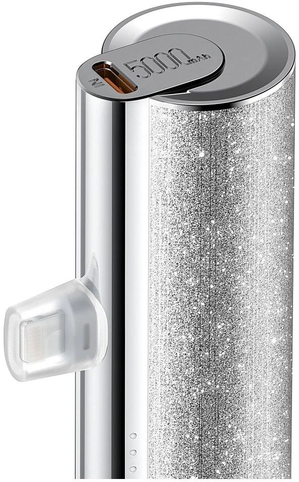 Nešiojamoji baterija Veger PlugOn (W0573) PD QC3.0 2,4A 12W 5000 mAh su integruota USB C jungtimi, sidabrinis