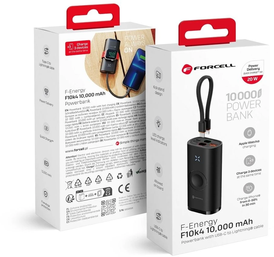 FORCELL F-ENERGY F10K4 maitinimo blokas, suderinamas su Apple Watch PD QC3.0 3A 22,5W 10000 mAh juodos spalvos