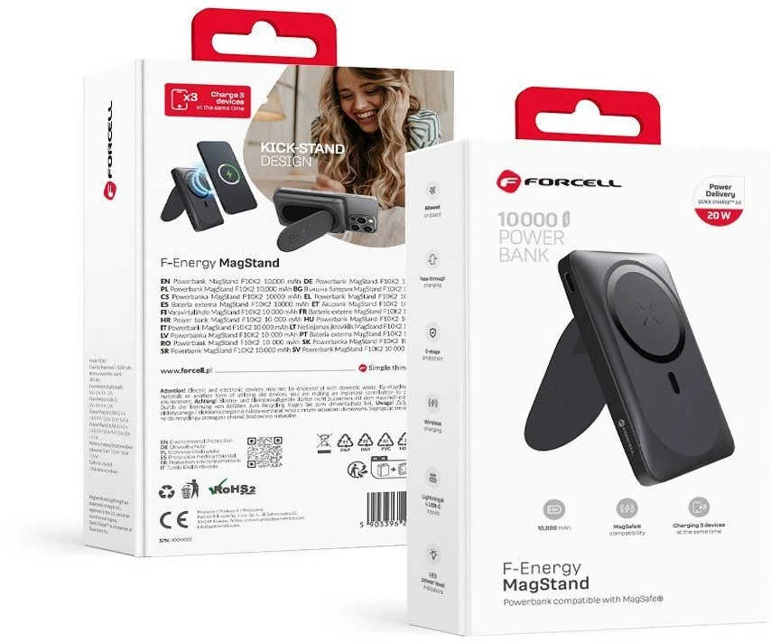 Išorinė baterija POWER BANK Forcell F-ENERGY (F10K2) 10000mAh su belaidžiu įkrovikliu (Magsafe 20W) juoda
