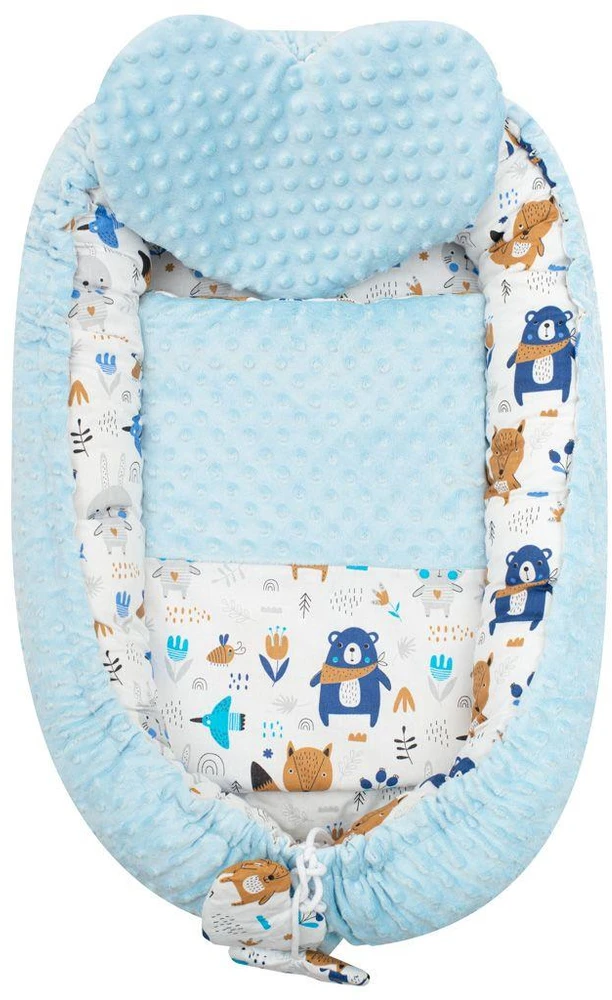 Prabangus kūdikio lizdas su pagalve ir antklode New Baby iš Minky mėlynas