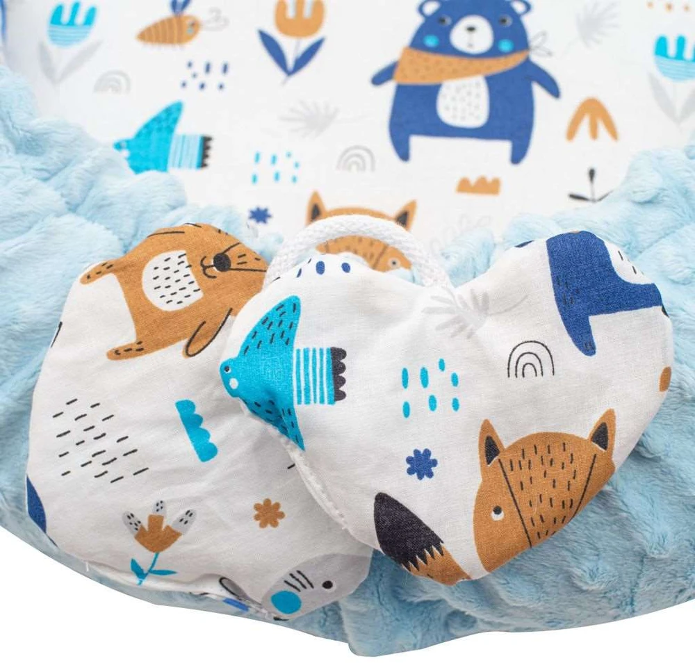 Prabangus kūdikio lizdas su pagalve ir antklode New Baby iš Minky mėlynas