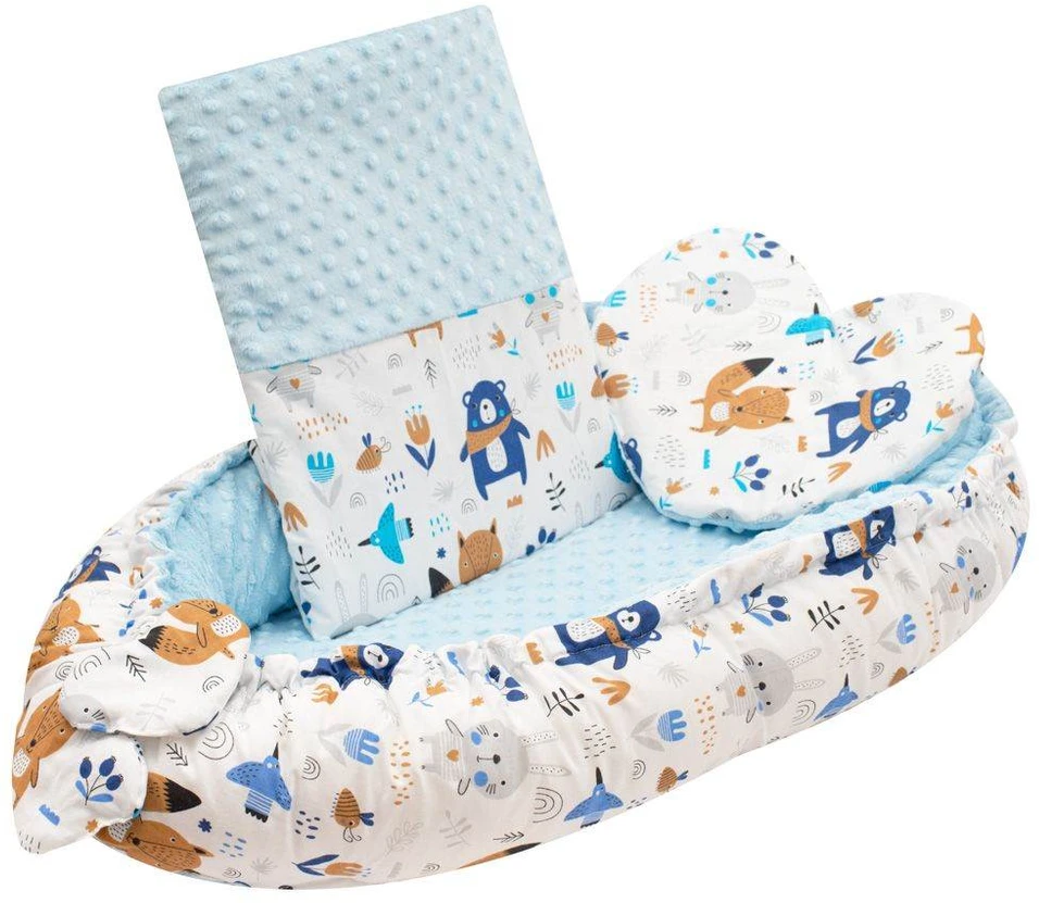 Prabangus kūdikio lizdas su pagalve ir antklode New Baby iš Minky mėlynas