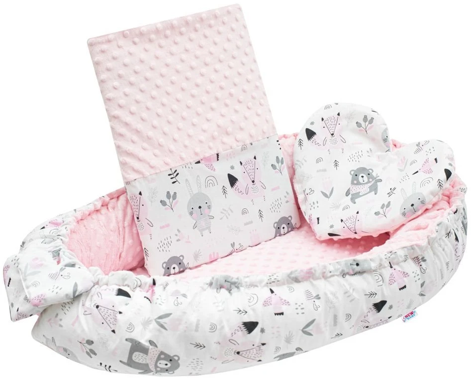 Prabangus New Baby Minky Rožinė lizdelis su pagalve ir antklode