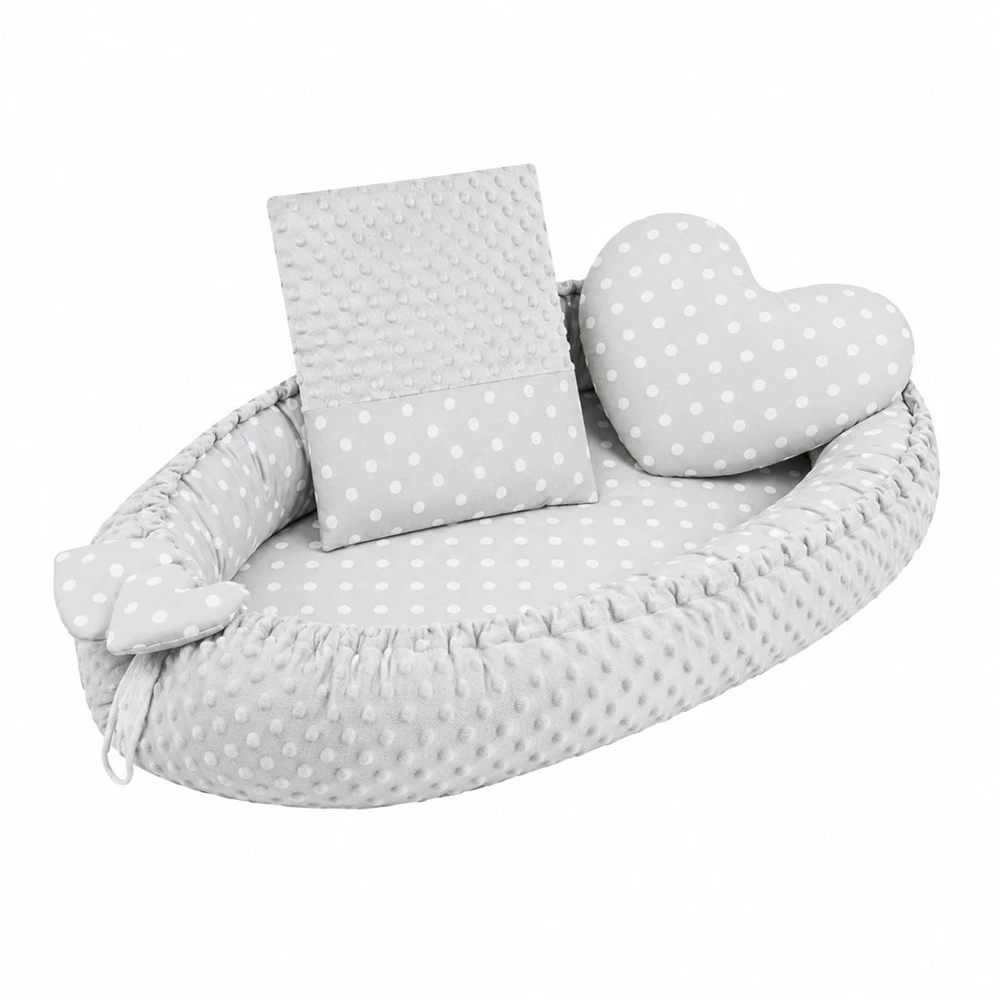 Prabangus pilkos spalvos Minky Heart lizdelis su pagalve ir antklode New Baby