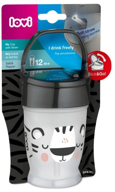 LOVI puodelis su šiaudeliu JUNIOR Salt&Pepper, 250 ml, 35/356