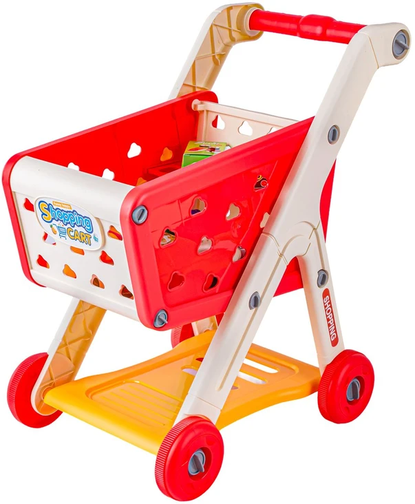 Raudonas žaislinis prekybos vežimėlis su vaisiais ir daržovėmis