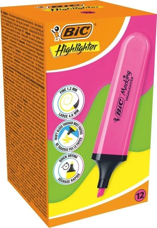 Ryškiai rožinis neoninis žymeklis BIC 12 vnt