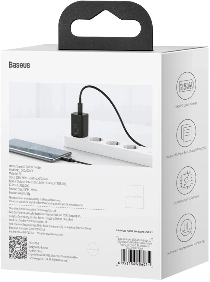 Sieninis įkroviklis Baseus Super Si 1C 25W USB Type C juodas