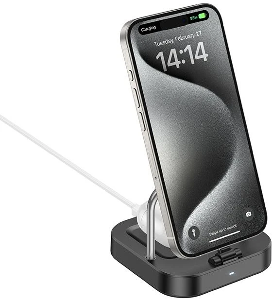 Stalinis įkroviklis Hoco 2in1 USB C PD QC 3A 30W + belaidis įkrovimas 5W CQ16B juodas