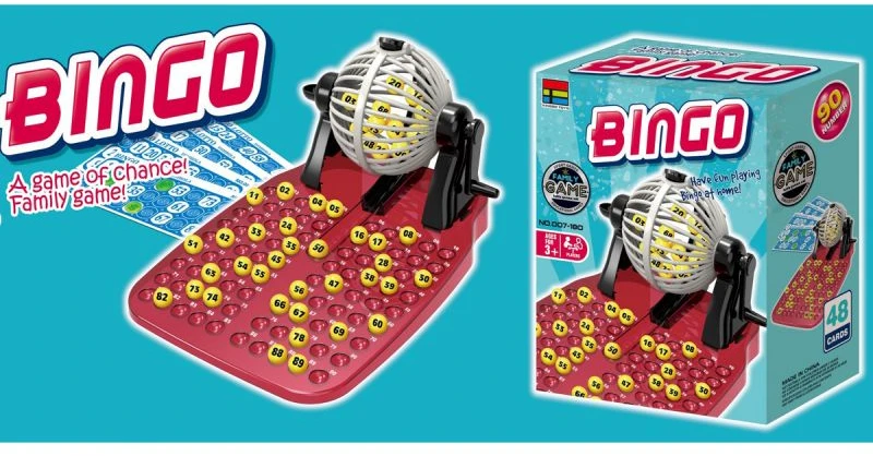 Stalo žaidimas bingo su kortelėmis ir traukimo mašina