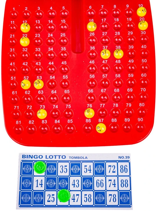 Stalo žaidimas bingo su kortelėmis ir traukimo mašina