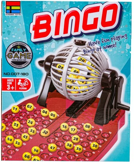 Stalo žaidimas bingo su kortelėmis ir traukimo mašina
