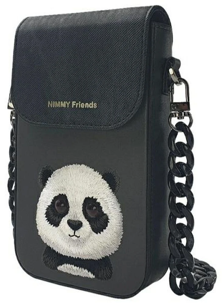 Nimmy 3in1 rinkinys telefono krepšys + piniginė + dėklas lokatoriui, juodos spalvos, Big Eyed Pet 2.0 Panda