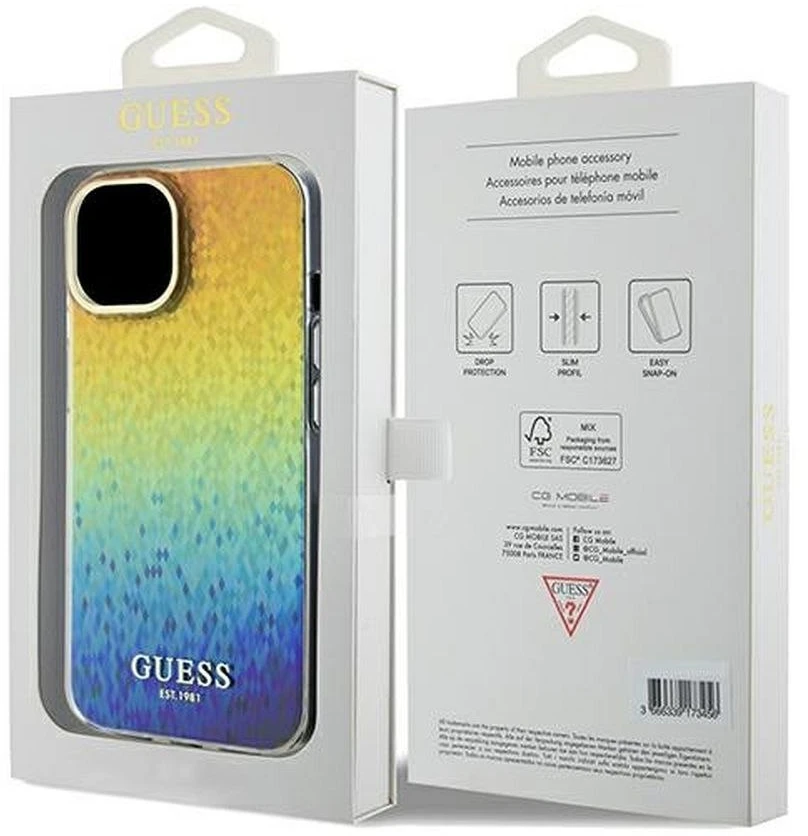 Guess GUHCP14SHDECMI iPhone 14 / 15 / 13 6,1" kietas dėklas IML Faceted Mirror Disco Iridesc
