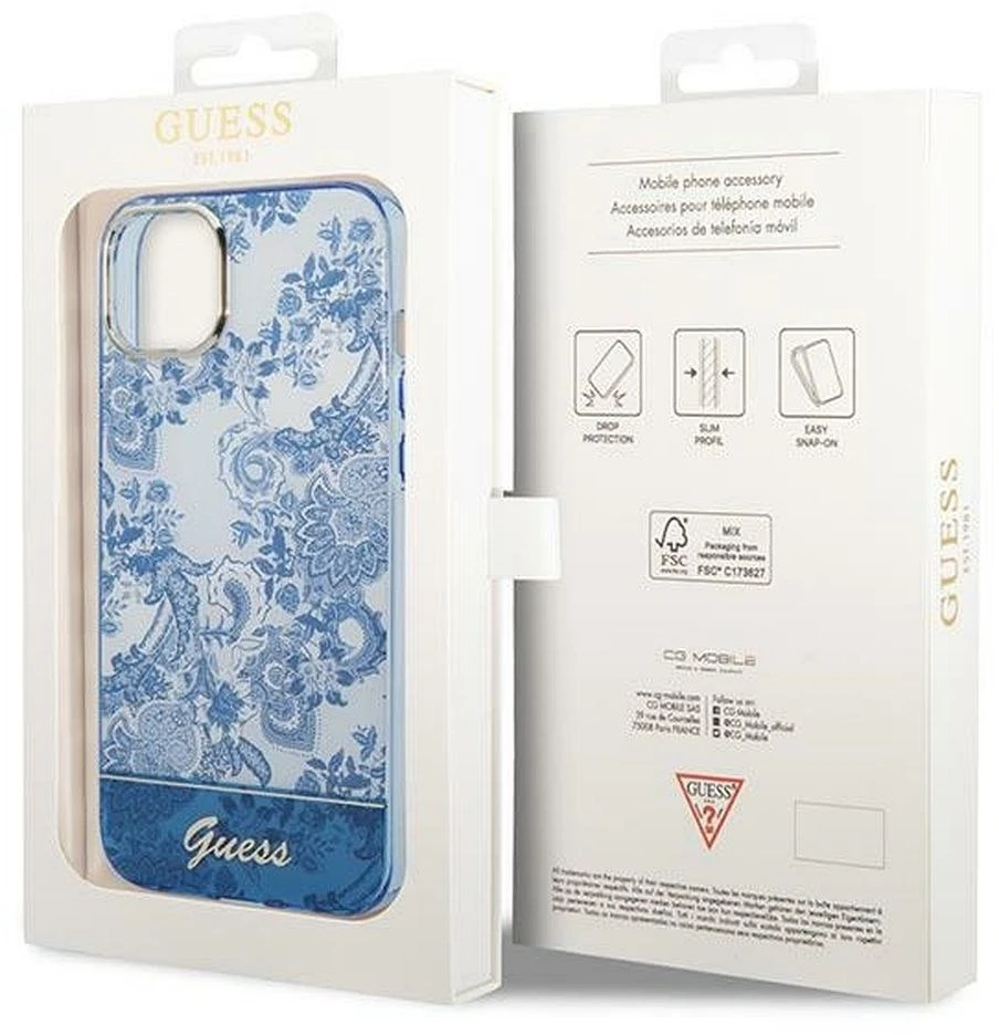 Guess GUHCP14MHGPLHB iPhone 14 Plus / 15 Plus 6,7" mėlynas kietas dėklas Porcelain Collection