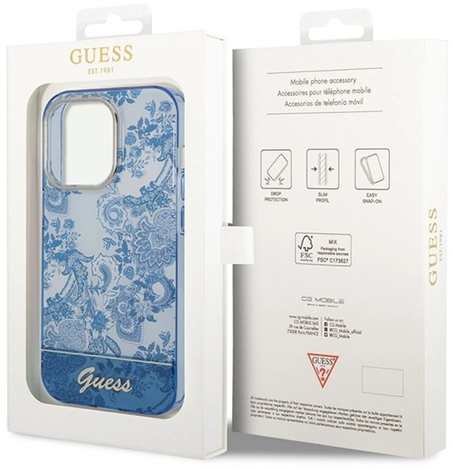 Guess GUHCP14LHGPLHB iPhone 14 Pro 6,1 col. mėlynas kietas dėklas Porcelain kolekcija