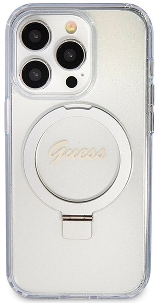 Dėklas GUESS GUHMP15LHRSGSD IPHONE 15 PRO 6.1 "SKAIDRUS / SKAIDRUS KIETAS DĖLĖS ŽIEDAS STOVAS SCRIPT GLITTER MAGSAFE