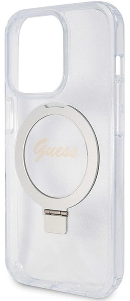Dėklas GUESS GUHMP15LHRSGSD IPHONE 15 PRO 6.1 "SKAIDRUS / SKAIDRUS KIETAS DĖLĖS ŽIEDAS STOVAS SCRIPT GLITTER MAGSAFE