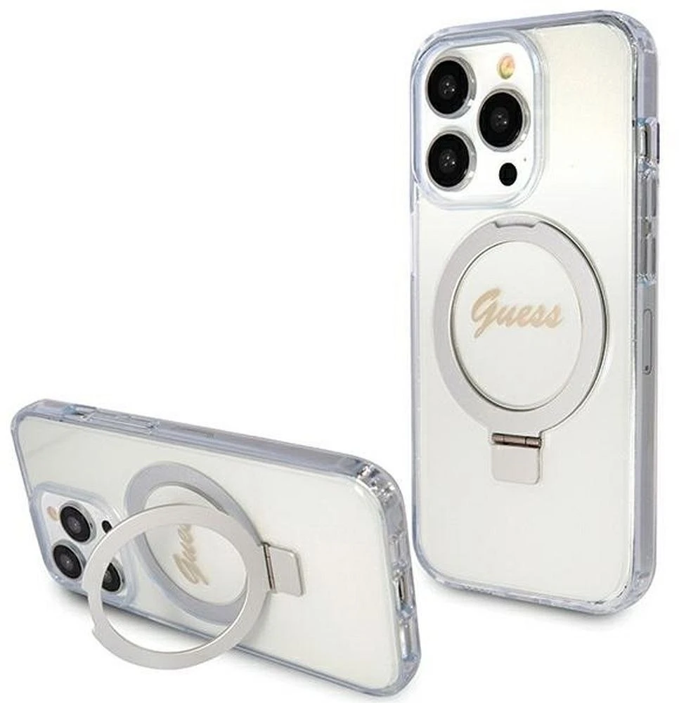 Dėklas GUESS GUHMP15LHRSGSD IPHONE 15 PRO 6.1 "SKAIDRUS / SKAIDRUS KIETAS DĖLĖS ŽIEDAS STOVAS SCRIPT GLITTER MAGSAFE