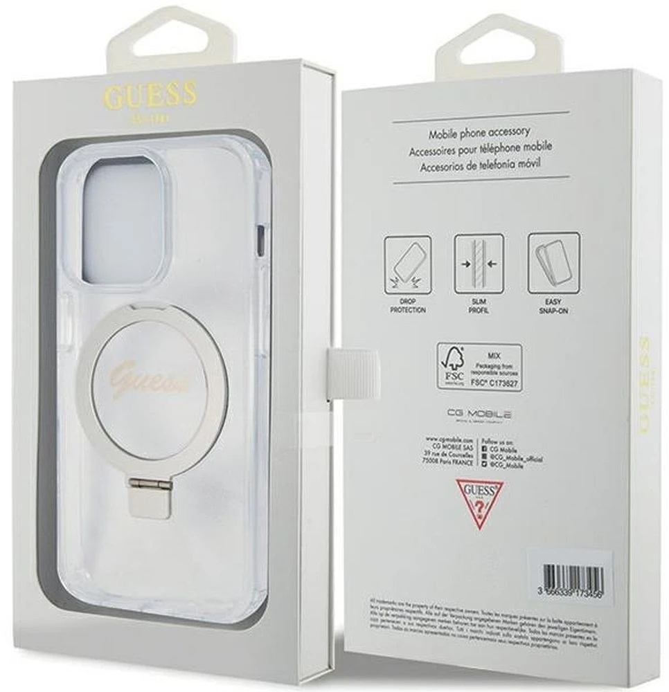 Dėklas GUESS GUHMP15LHRSGSD IPHONE 15 PRO 6.1 "SKAIDRUS / SKAIDRUS KIETAS DĖLĖS ŽIEDAS STOVAS SCRIPT GLITTER MAGSAFE