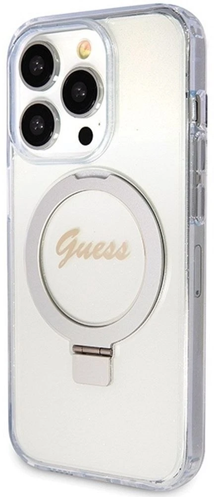 Dėklas GUESS GUHMP15LHRSGSD IPHONE 15 PRO 6.1 "SKAIDRUS / SKAIDRUS KIETAS DĖLĖS ŽIEDAS STOVAS SCRIPT GLITTER MAGSAFE
