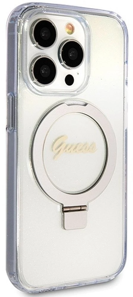 Dėklas GUESS GUHMP15LHRSGSD IPHONE 15 PRO 6.1 "SKAIDRUS / SKAIDRUS KIETAS DĖLĖS ŽIEDAS STOVAS SCRIPT GLITTER MAGSAFE