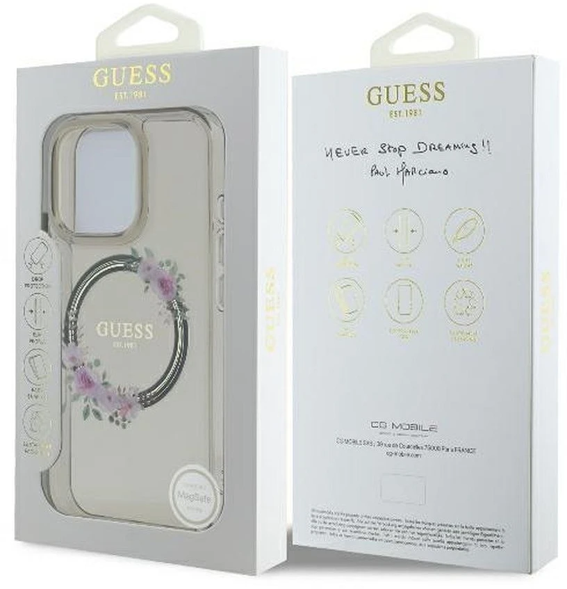 Guess GUHMP16LHFWFCK iPhone 16 Pro 6,3" juodos spalvos kietas dėklas IML Flowers Wreath MagSafe