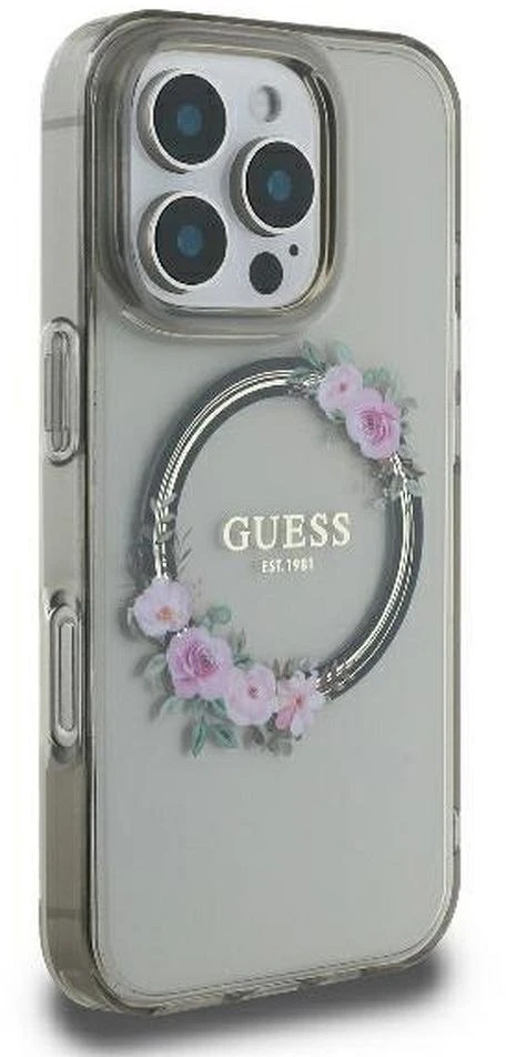 Guess GUHMP16LHFWFCK iPhone 16 Pro 6,3" juodos spalvos kietas dėklas IML Flowers Wreath MagSafe
