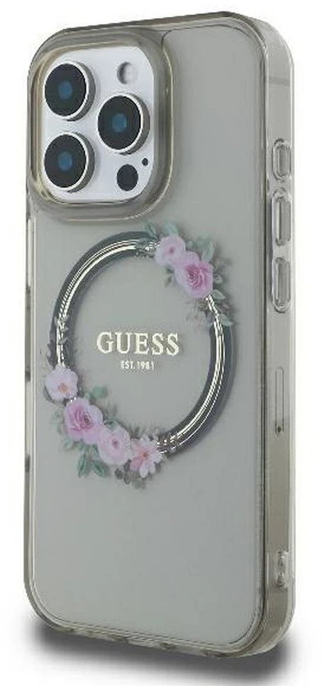 Guess GUHMP16LHFWFCK iPhone 16 Pro 6,3" juodos spalvos kietas dėklas IML Flowers Wreath MagSafe