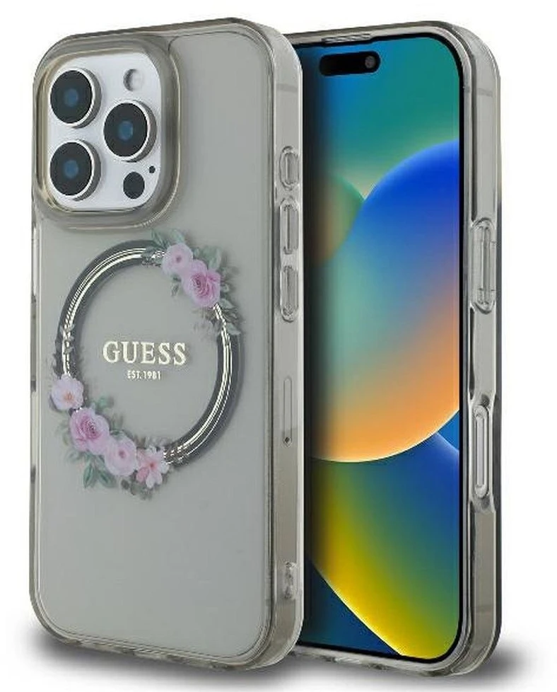 Guess GUHMP16LHFWFCK iPhone 16 Pro 6,3" juodos spalvos kietas dėklas IML Flowers Wreath MagSafe
