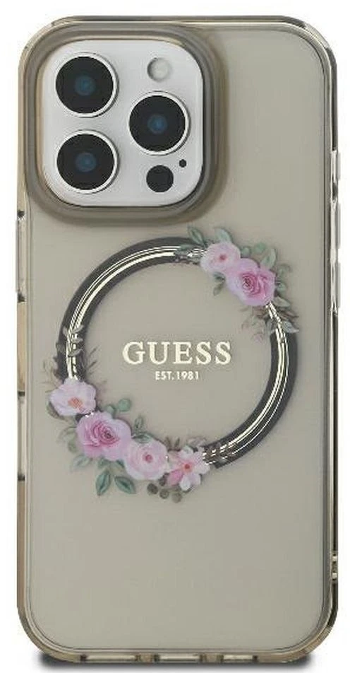 Guess GUHMP16LHFWFCK iPhone 16 Pro 6,3" juodos spalvos kietas dėklas IML Flowers Wreath MagSafe