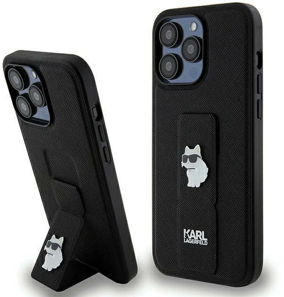 Karl Lagerfeld KLHCP13XGSACHPK iPhone 13 Pro Max 6.7″ juodos spalvos kietas dėklas Gripstand Saffiano Choupette