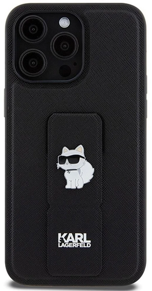 Karl Lagerfeld KLHCP13XGSACHPK iPhone 13 Pro Max 6.7″ juodos spalvos kietas dėklas Gripstand Saffiano Choupette